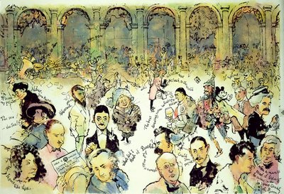 Rostos famosos fora Florians na Piazza San Marco, Veneza, c.1990 (guache em cartão duro com tinta sobre overlay de acetato) de George Adamson