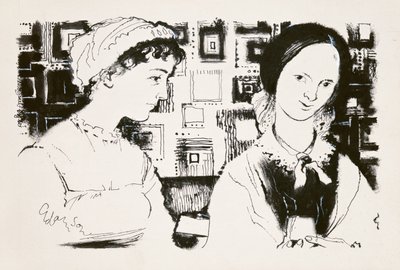 Jane Austen (1775-1817) e Charlotte Bronte (1816-55) - um encontro imaginário (tinta indiana a bordo) de George Adamson