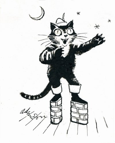 Puss in (brick-wall platform) botas (tinta na transparência sobre o cartão branco) de George Adamson