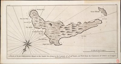 Planta da ilha de Iuan Fernandes no Mar do Sul, situada na latitude de 33d. 40m. sul, e a oeste do continente de Chili 110 léguas, c.1750 (gravura) de George Anson