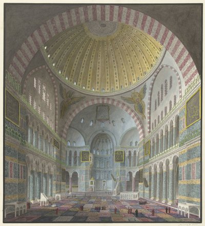 Interior da Hagia Sophia com turcos ajoelhados e em pé de George Antoine Prosper Marilhat