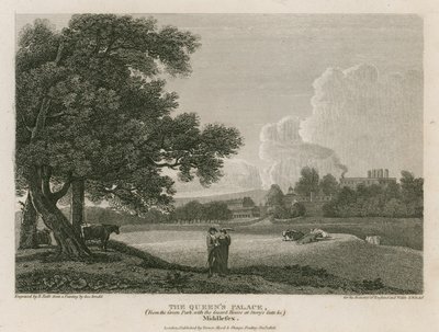 Buckingham House, o Palácio da Rainha, do Green Park, com a Casa da Guarda no Portão da História, etc. de George Arnald