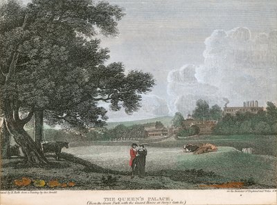 O Palácio da Rainha, do Green Park com a Casa da Guarda no Portão da História, etc de George Arnald