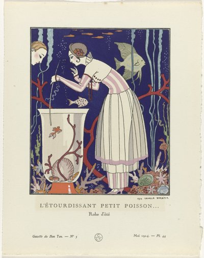 Gazette du Bon Ton, 1914 - N.º 5, Pl. 44: O peixinho deslumbrante (...) / Vestido de Verão (título sobre o objecto) de George Barbier
