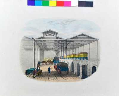 Vista do depósito de transferência de mercadorias, c.1830 (litografia sobre papel) de George Barnard