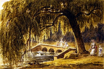 Mulheres e Crianças junto a uma Ponte Ornamental num Parque (aguarela sobre papel) de George Barrett