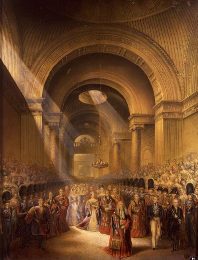 A chegada de sua majestade mais graciosa Rainha Victoria na Câmara dos Lordes para abrir seu primeiro Parlamento (imprimir) de George Baxter