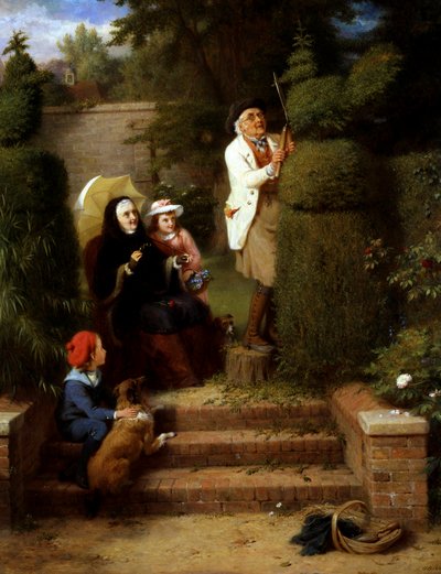 No jardim. No Jardim: uma avó e os seus dois filhos pequenos observam o avô a podar um arbusto de animais no jardim. Pintura de George Bernard O`Neill (1828-1917 britânico) Coleção particular de George Bernard O