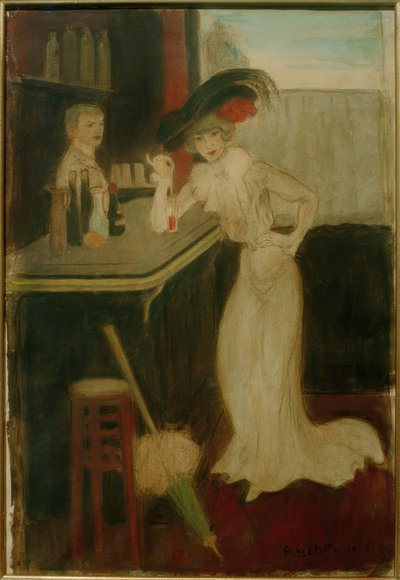 Mulher com guarda-chuva no bar de George Bottini
