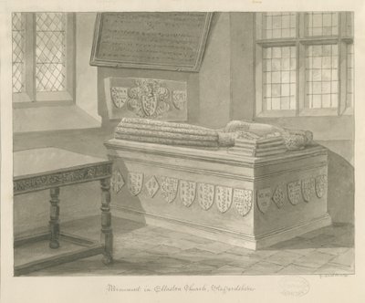 Igreja Ellastone - Monumento a Sir John Fleetwood: desenho em sépia, 1841 de George Buckler
