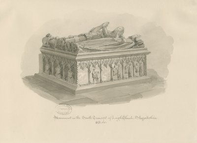 Igreja Leigh - Monumento de Sir John Aston: desenho em sépia, 1841 de George Buckler