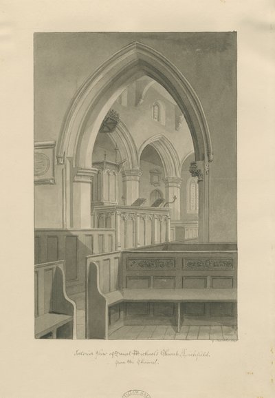 Lichfield - Interior da Igreja de São Miguel: desenho em sépia de George Buckler