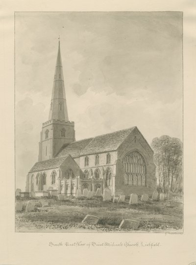Lichfield - Igreja de São Miguel: desenho em sépia de George Buckler