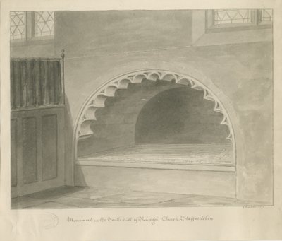 Igreja Penkridge - Monumento na Parede Sul: desenho em sépia, 1841 de George Buckler