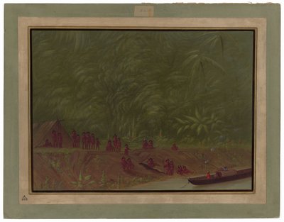 Um acampamento Mura - Esboço de um barco de George Catlin