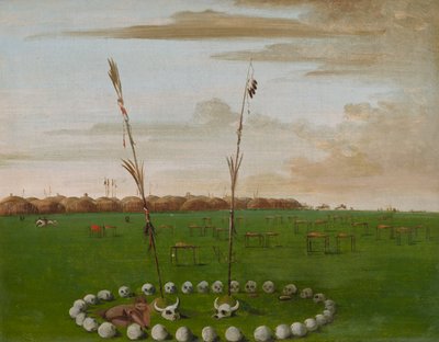 Vista traseira da vila de Mandan, mostrando o cemitério, 1832. de George Catlin
