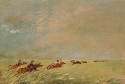 Bogard, Batiste e eu perseguindo búfalos na relva alta num fundo do Missouri de George Catlin
