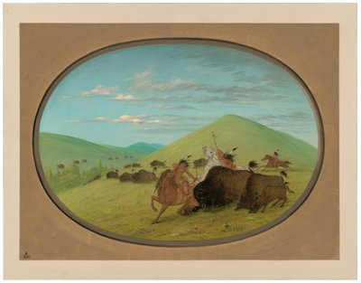 Buffalo Chase - Touros Protegendo os Bezerros de George Catlin