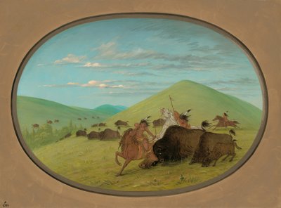Buffalo Chase - Touros Protegendo os Bezerros, 18611869. de George Catlin