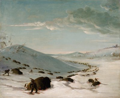 Buffalo Chase no inverno, índios em raquetes de neve, 1832-1833. de George Catlin