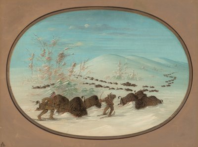 Perseguição de búfalos na neve - Ojibbeway, 18611869. de George Catlin