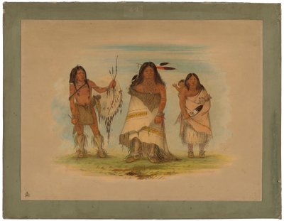 Camanchee Chief, sua esposa e um guerreiro, 1861 (óleo no cartão montado em papelão) de George Catlin