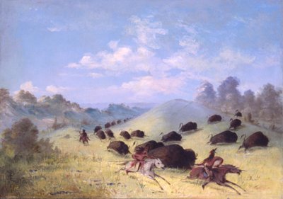 Índios comanches perseguindo búfalos com lanças e arcos de George Catlin