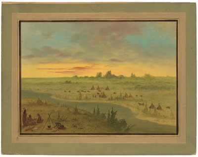 Acampamento de índios Pawnee ao pôr do sol de George Catlin