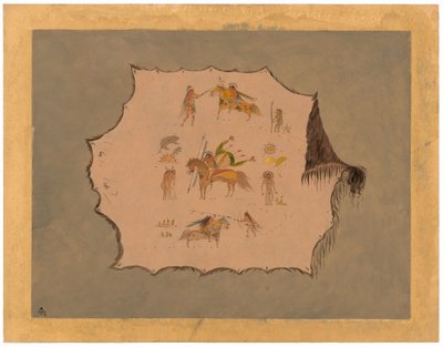 Fac-símile do manto de um médico Pawnee com designs profissionais fantásticos de George Catlin