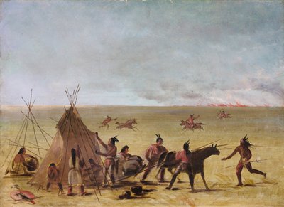 Família índia alarmada com a aproximação de um incêndio na pradaria de George Catlin