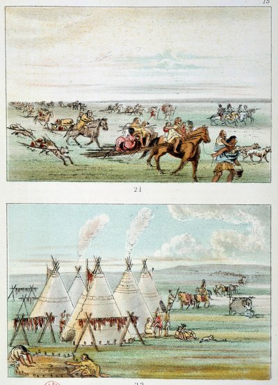 Índios da América: (topo) tribo movendo-se com peles para venda. (Inferior) tribo de 500 a 600 tipi. Ilustração de George Catlin (1794-1872) de George Catlin