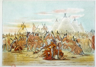 Índios da América: Tribo Assiniboin parecida com a dança de cachimbo dos Sioux. Ilustração de George Catlin (1794-1872) de George Catlin