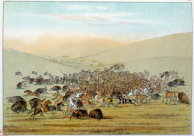 Índios da América: miniatarees indígenas caçando búfalos com lanças. Ilustração de George Catlin (1794-1872) de George Catlin