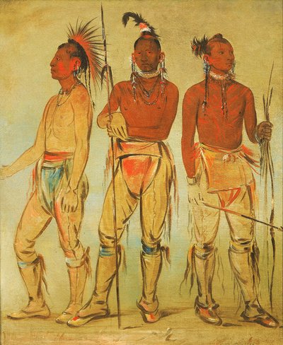 Mun-ne-pús-kee, Aquele que Não Tem Medo; Ko-ha-túnk-a, Grande Corvo; e Nah-cóm-ee-shee, Homem da Cama, Três Jovens Guerreiros de George Catlin