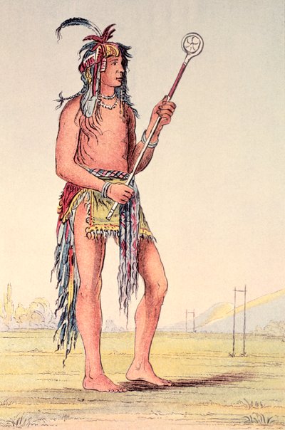 O jogador de bola Sioux Ah-No-Je-Nange, &39;Aquele que está em ambos os lados&39; (litho colorido à mão) de George Catlin