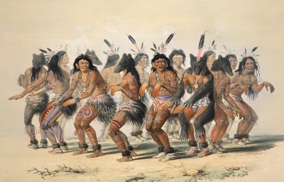 O detalhe Bear Dance, pub. Litografia colorida de 1845. de George Catlin