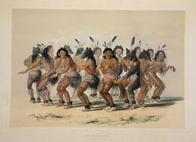 A Dança do Urso, pub. Litografia colorida de 1845. de George Catlin