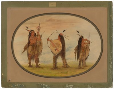 Três guerreiros Mandan armados para a guerra de George Catlin