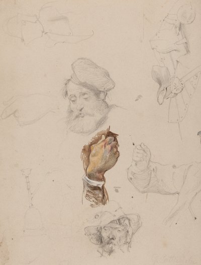 Uma página de estudos (lápis, wc e guache sobre papel) de George Cattermole