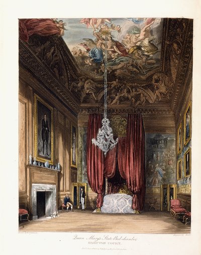 Cama do estado da rainha Mary, Hampton Court, 1819 de George Cattermole