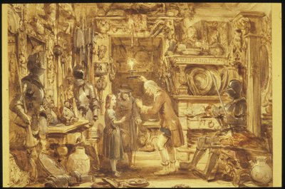 A antiga loja de curiosidades Little Nells Home Interior da antiga curiosidade, 1840 (wc no papel) de George Cattermole