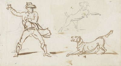 Um homem jogando uma bola para um cachorro (caneta e grafite no papel) de George Chinnery
