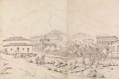 Construir numa colina de uma aldeia montanhosa (China?) de George Chinnery