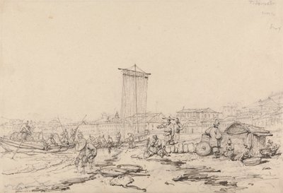 Cena da Costa com Pescadores e Edifícios, Macau de George Chinnery