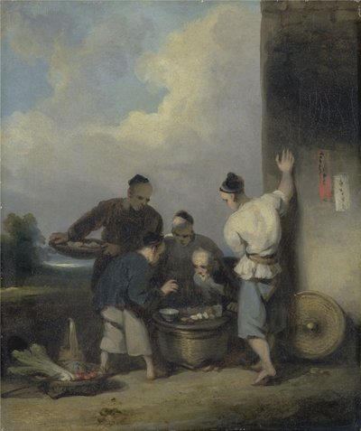 Coolies em volta da barraca do vendedor de alimentos, após 1825 (óleo sobre tela) de George Chinnery