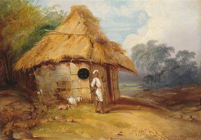 Vista no sul da Índia, com um guerreiro fora de sua cabana, c.1815 de George Chinnery