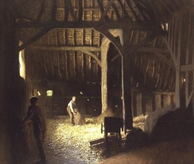 Interior do Celeiro com Garotos Trabalhadores de George Clausen