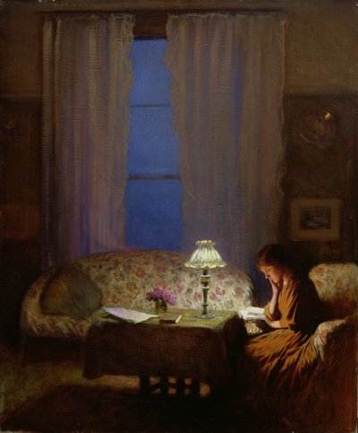 Reading by Lamplight (Twilight: Interior) (óleo sobre tela) de George Clausen