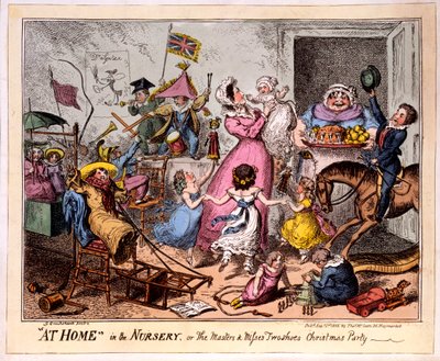 EM CASA no BERÇÁRIO, ou O MESTRE E PERDER dois sapatos Festa de Natal, 1835 (gravura colorida) de George Cruikshank