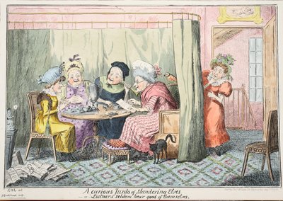 Um curioso Junto de Elfos da Escândalos - ou "Ouvintes Raramente Ouvem o Bem de Si Mesmos", 1835 (gravura colorida à mão) de George Cruikshank